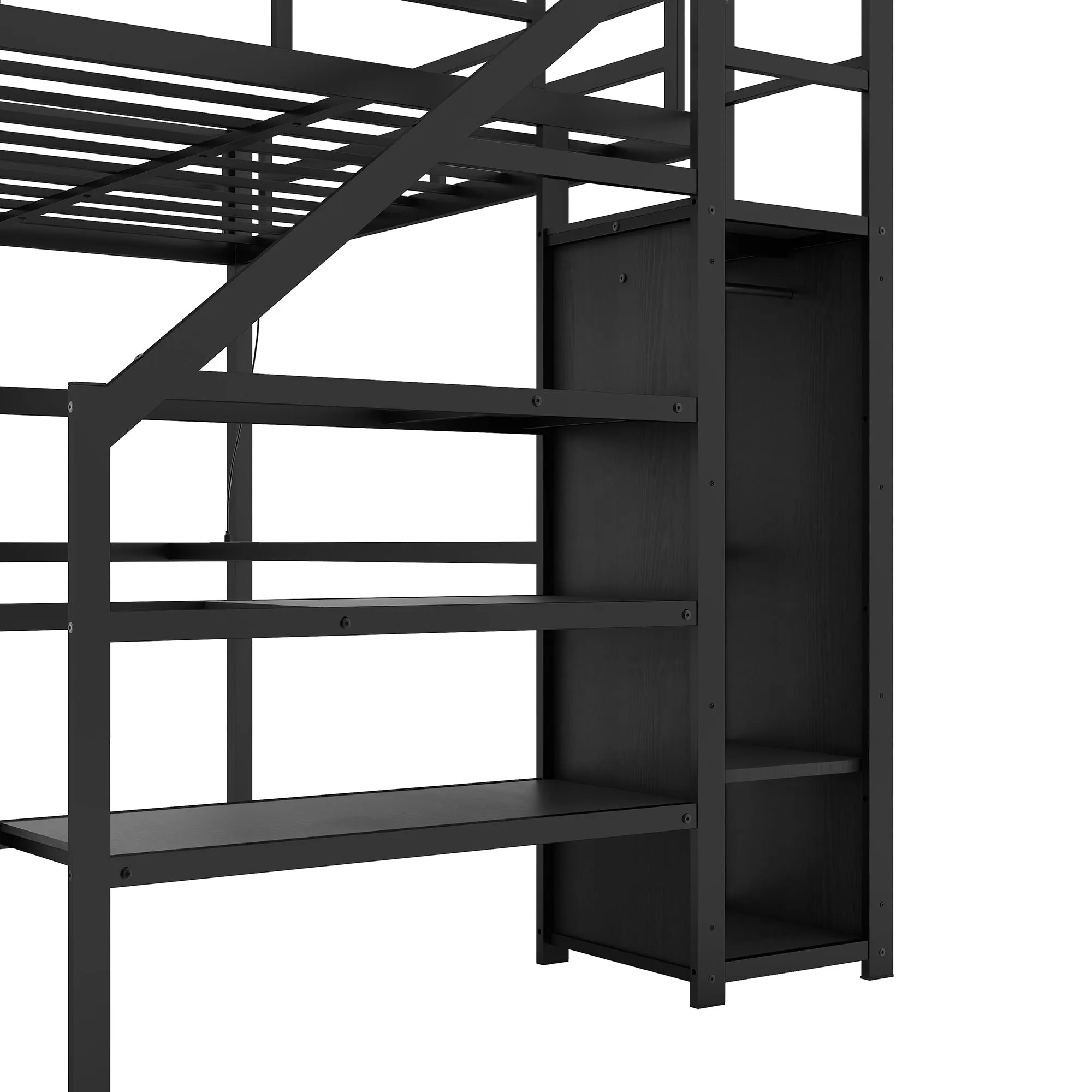 Twin XL Size Loft Bed with L-shaped Desk and USB, Metal Loft Bed with Wardrobe and Adjustable Shelf, High Loft Bed with LED for Kids Teens Adults, Black