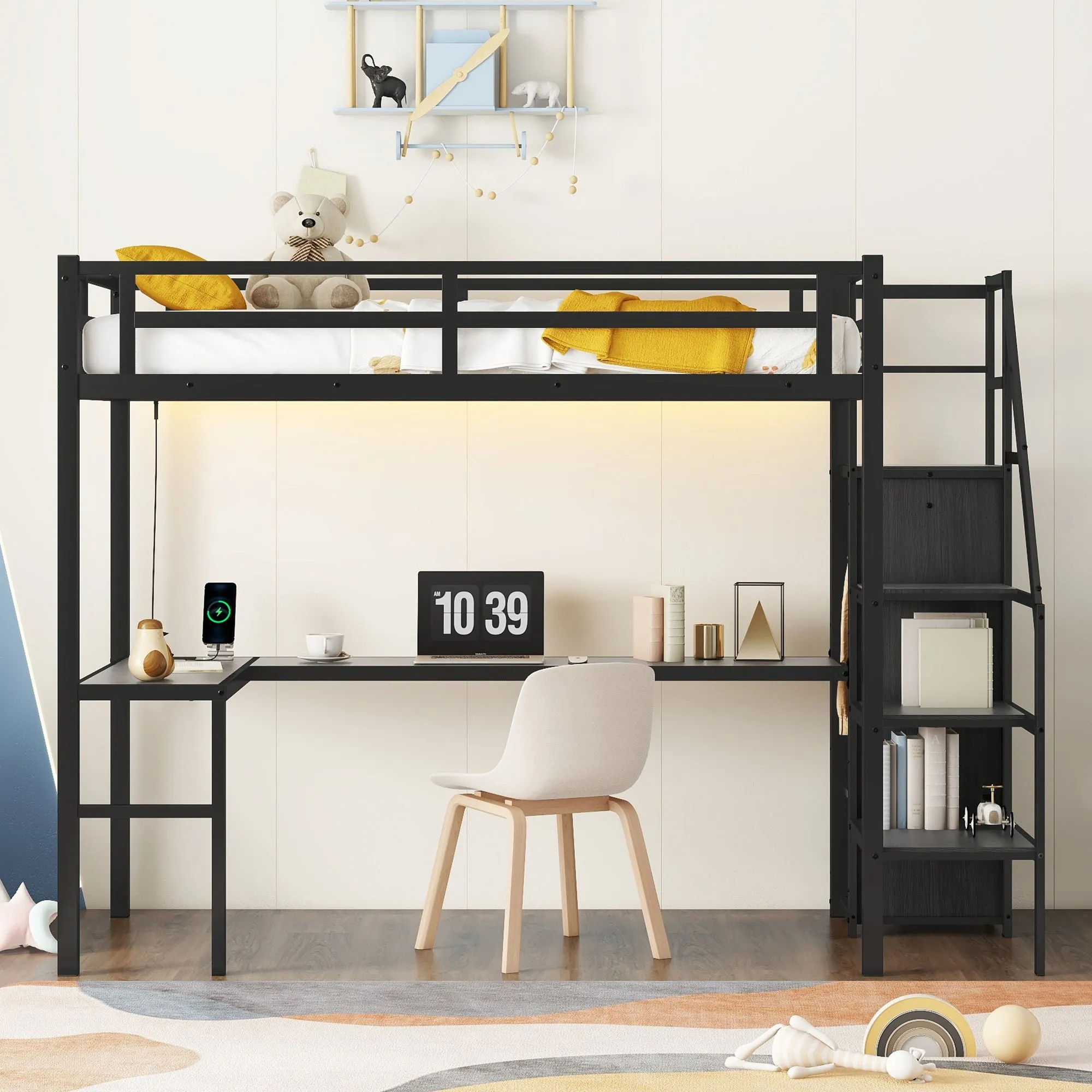 Twin XL Size Loft Bed with L-shaped Desk and USB, Metal Loft Bed with Wardrobe and Adjustable Shelf, High Loft Bed with LED for Kids Teens Adults, Black