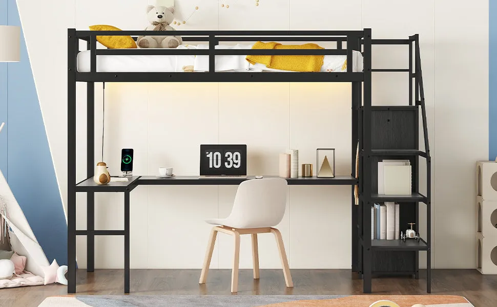 Twin XL Size Loft Bed with L-shaped Desk and USB, Metal Loft Bed with Wardrobe and Adjustable Shelf, High Loft Bed with LED for Kids Teens Adults, Black