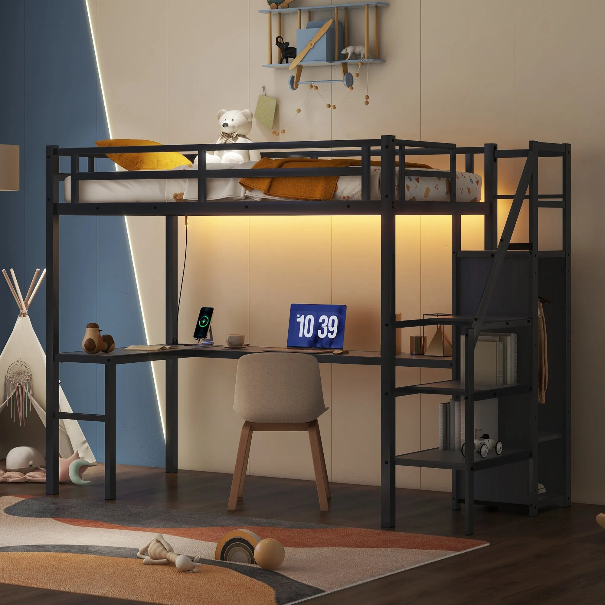 Twin XL Size Loft Bed with L-shaped Desk and USB, Metal Loft Bed with Wardrobe and Adjustable Shelf, High Loft Bed with LED for Kids Teens Adults, Black