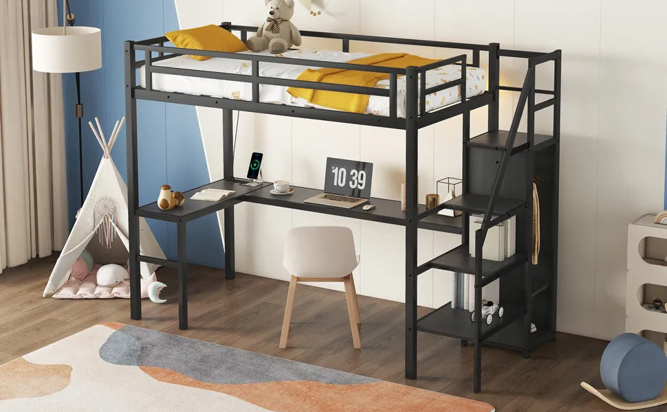 Twin XL Size Loft Bed with L-shaped Desk and USB, Metal Loft Bed with Wardrobe and Adjustable Shelf, High Loft Bed with LED for Kids Teens Adults, Black