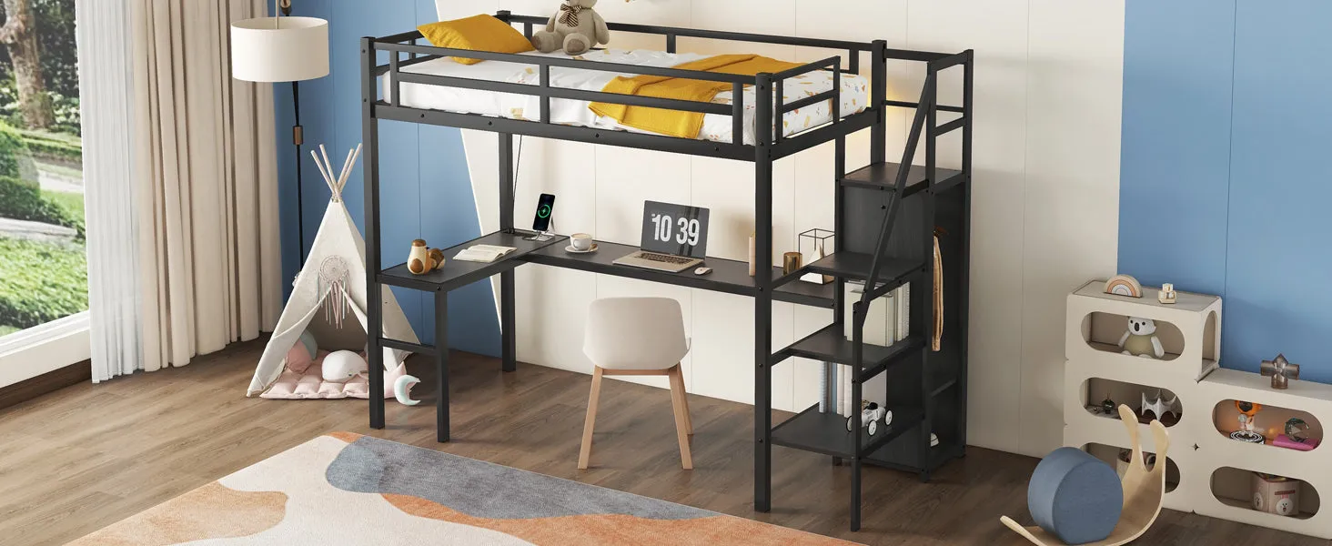 Twin XL Size Loft Bed with L-shaped Desk and USB, Metal Loft Bed with Wardrobe and Adjustable Shelf, High Loft Bed with LED for Kids Teens Adults, Black