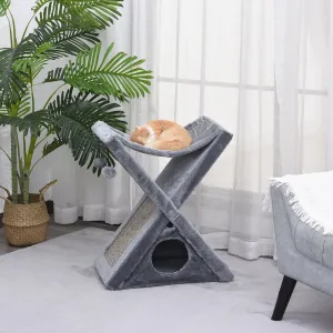 Two Tier Cat Tree for Indoor Cats Play Rest Activity Tower Plush Folding Relax Center w/ Scratching Post Hammock Pom Poms Grey