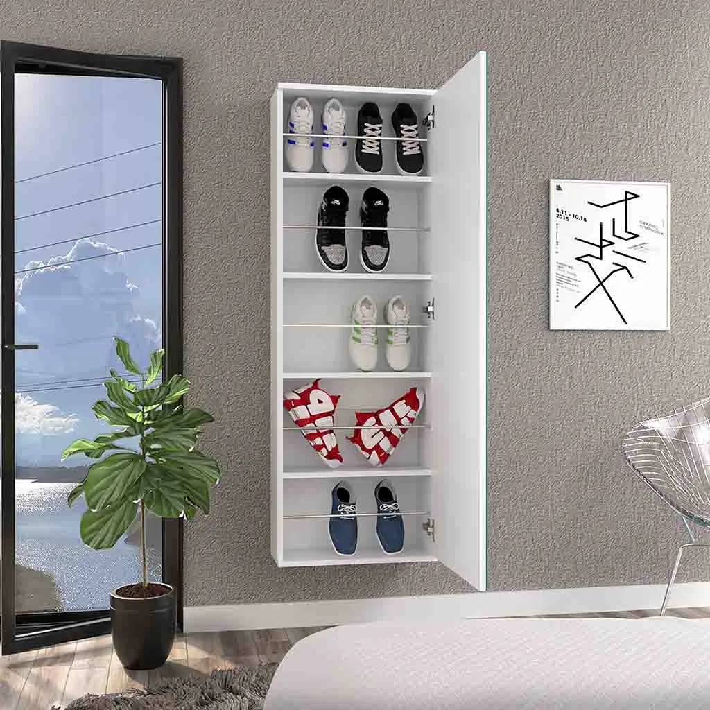 Wall Shoe Rack 54" H, One Mirror, One Door, Five Internal Storage Shelves, Approximate Capacity for Ten Shoes, White