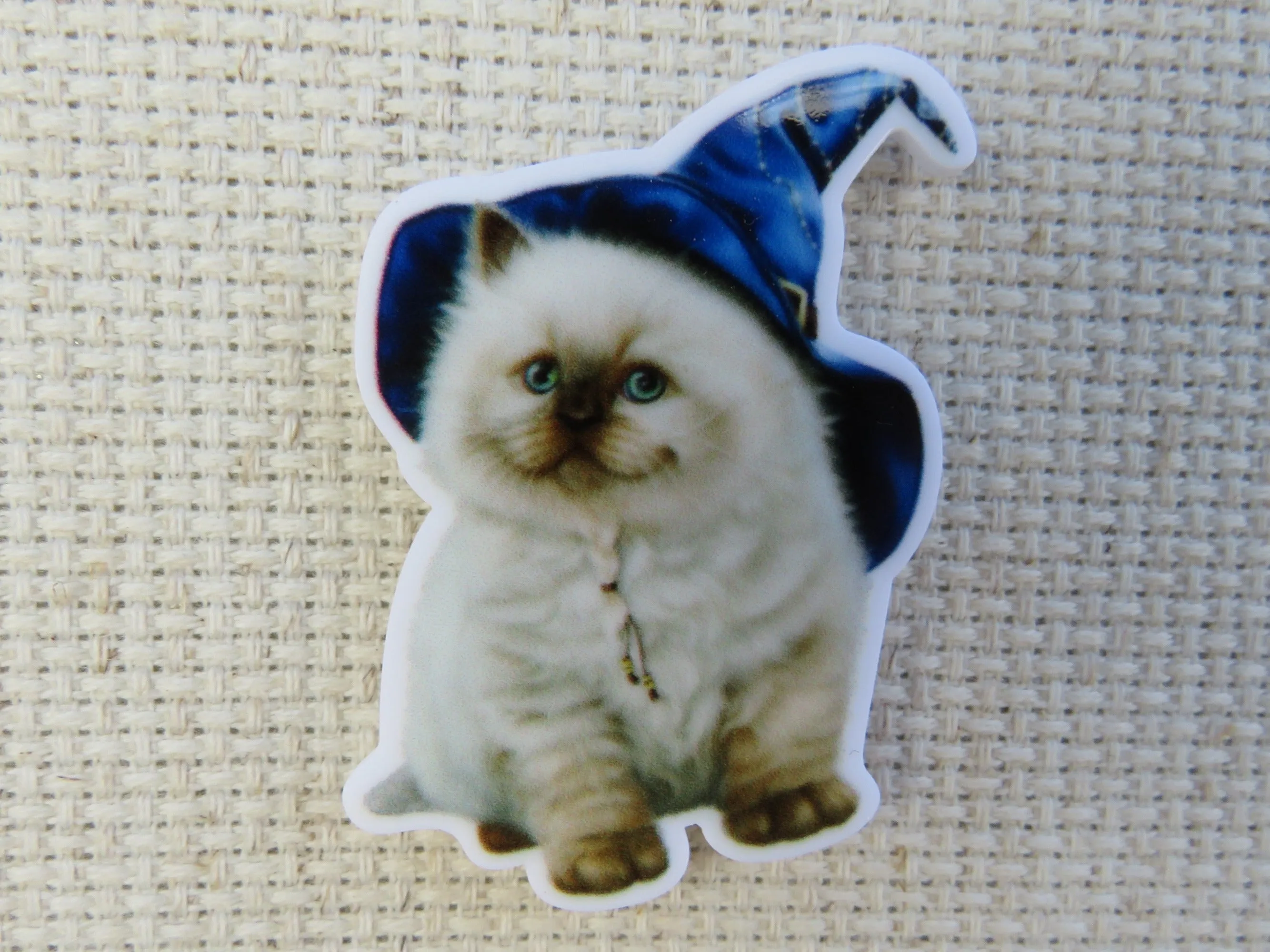 White Kitty with a Witch's Hat Needle Minder, Cover Minder, Magnet