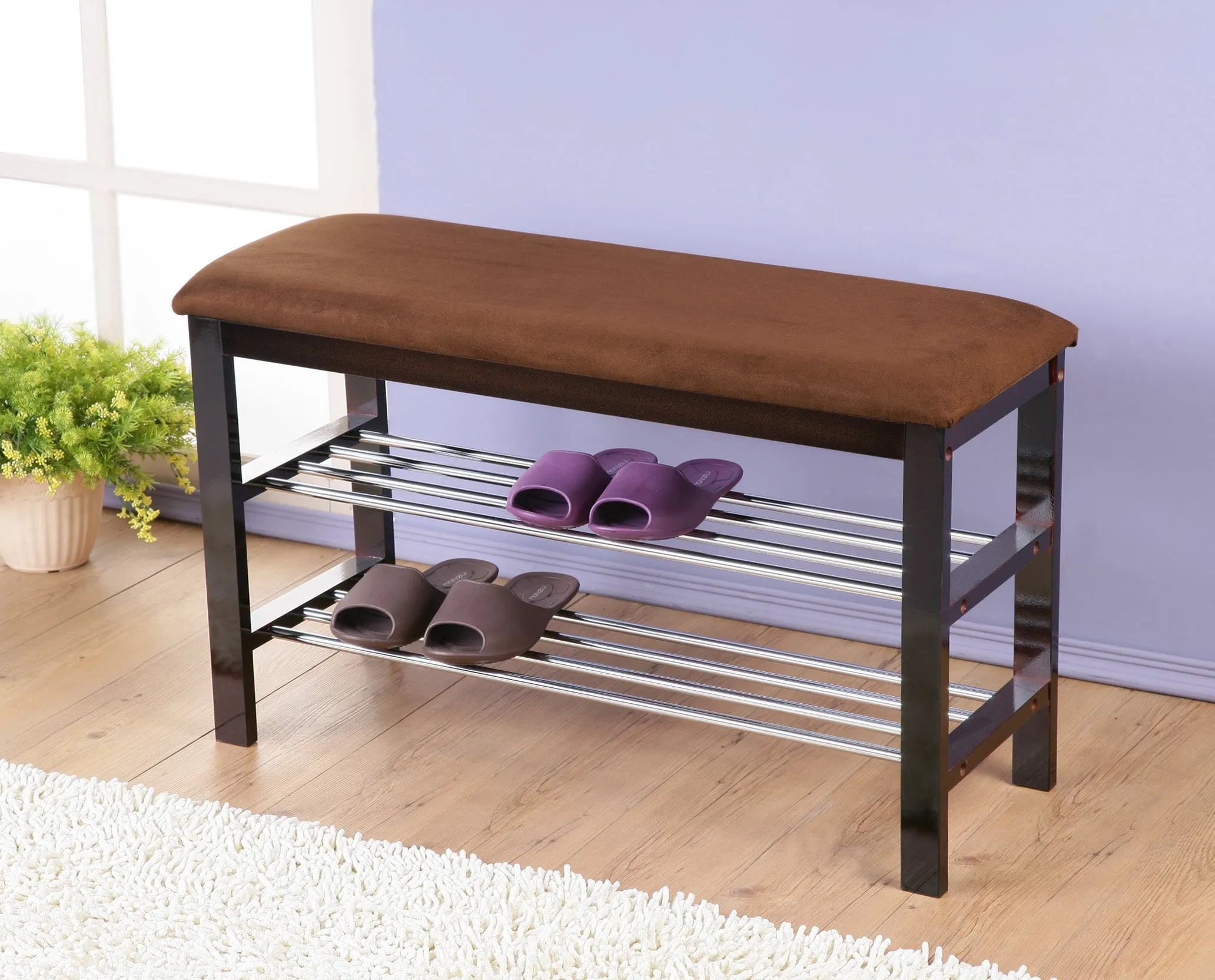 Wood Shoe Bench with Chocolate Microfiber Seat, Espresso