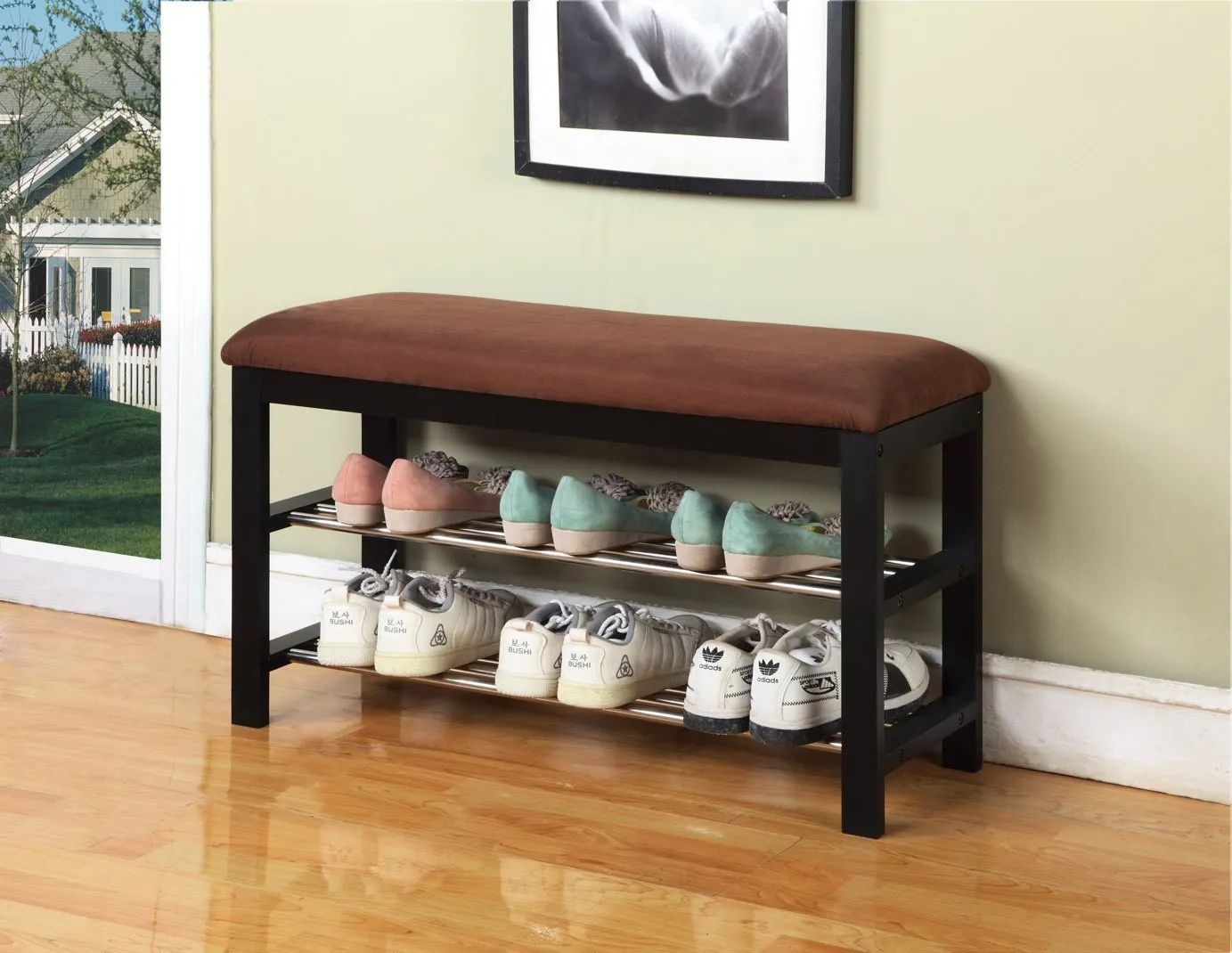 Wood Shoe Bench with Chocolate Microfiber Seat, Espresso