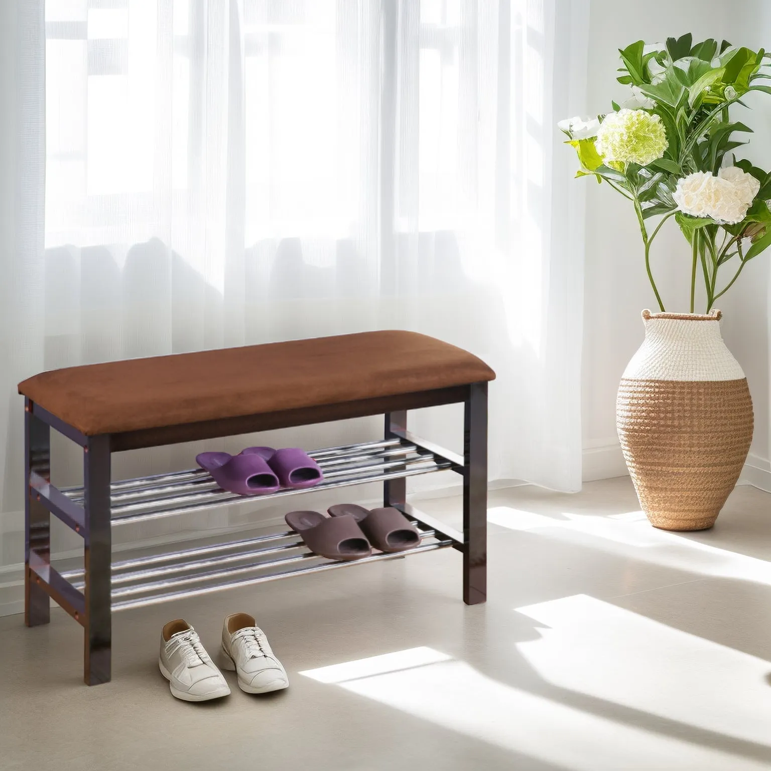 Wood Shoe Bench with Chocolate Microfiber Seat, Espresso