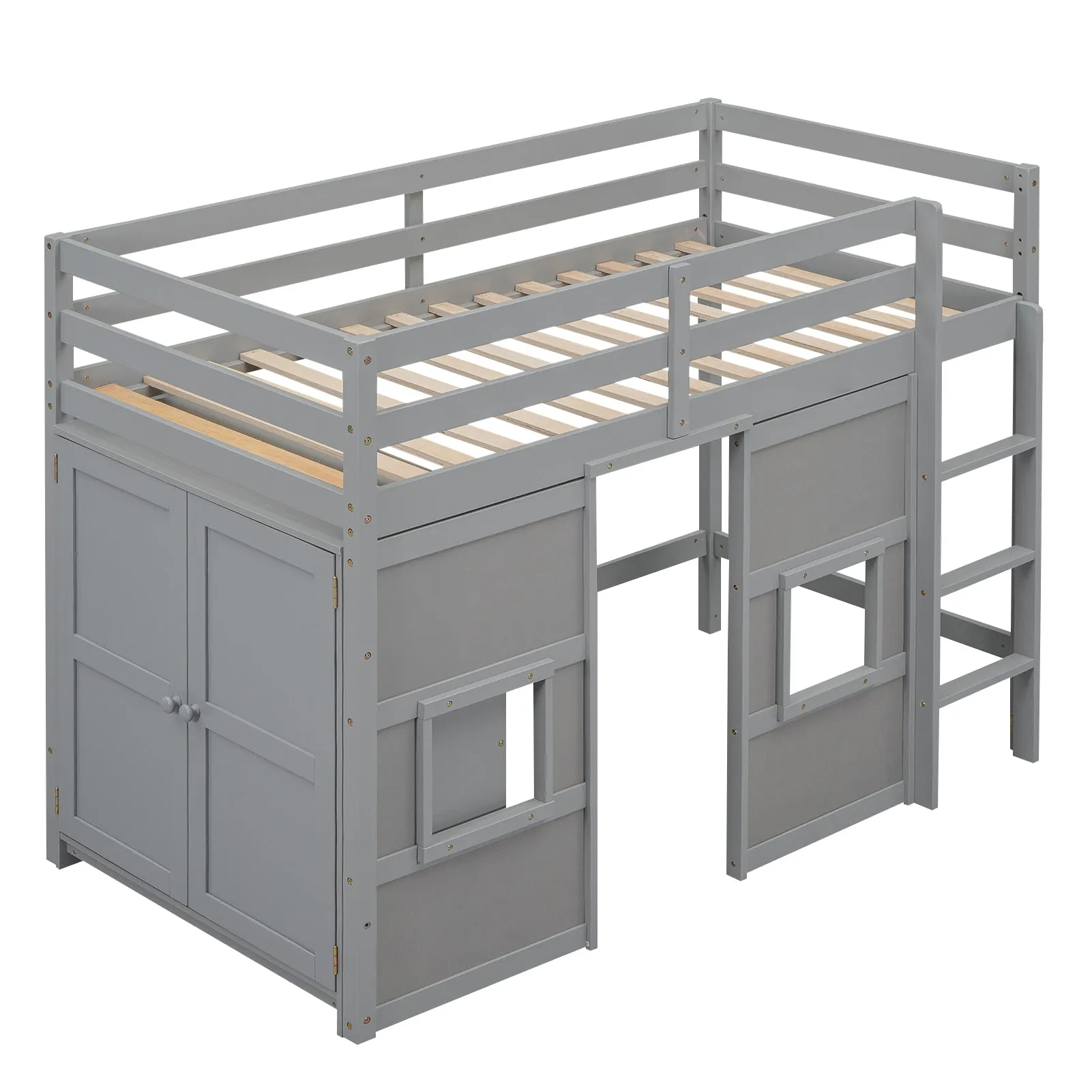 Wood Twin Size Loft Bed with Built-in Storage Wardrobe and 2 Windows, Gray