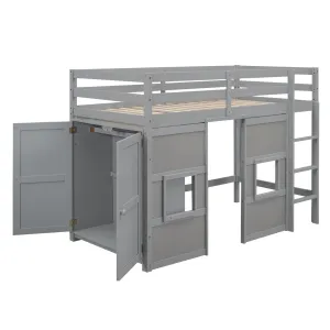 Wood Twin Size Loft Bed with Built-in Storage Wardrobe and 2 Windows, Gray